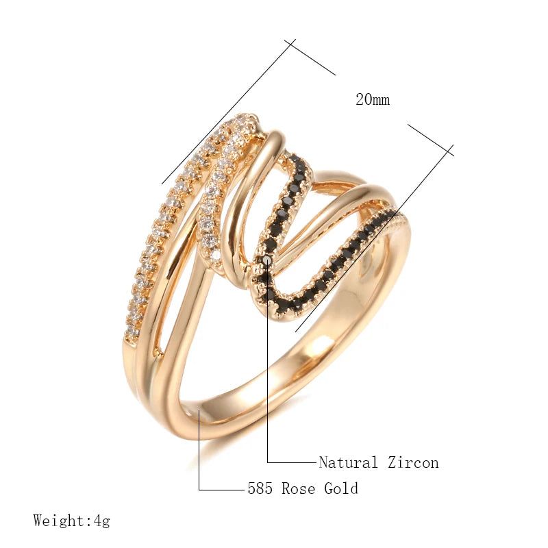 Dignified 585 Rose Gold Twisted Cocktail Ring with Micro Paved Black & White Zircon