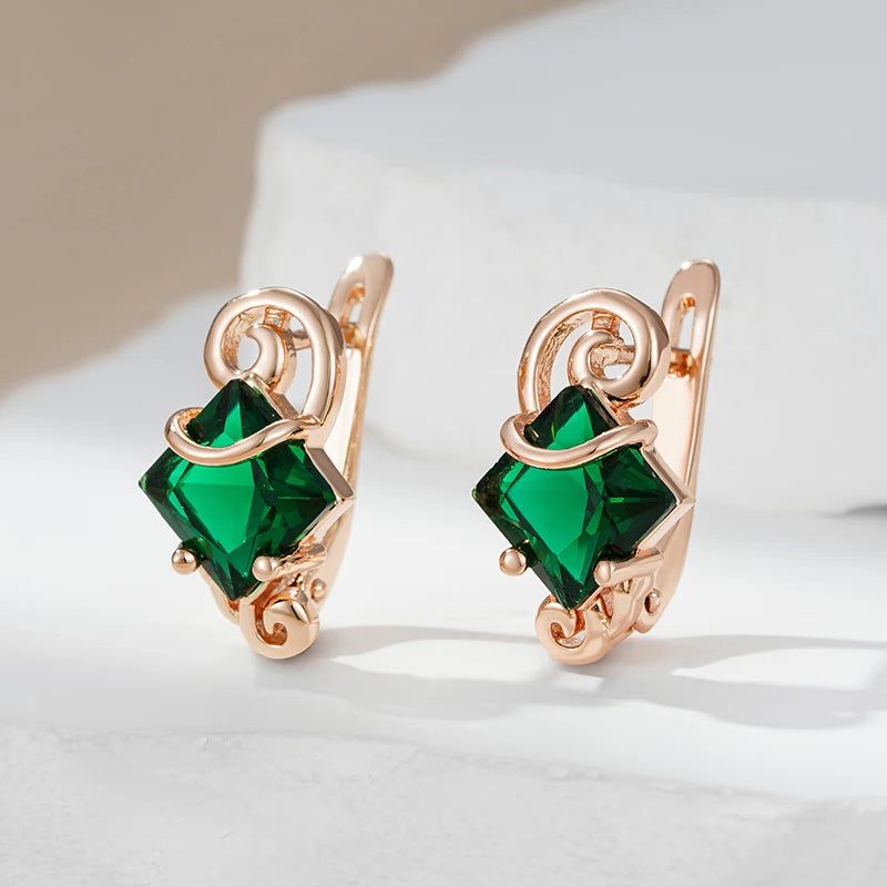 Dignified Square Green Natural Zircon Drop Earrings in 585 Rose Gold - Timeless Fashion Jewelry