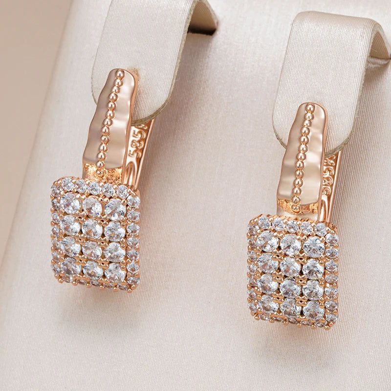 Dignified Square Natural Zircon Drop Earrings in Luxurious 585 Rose Gold Finish