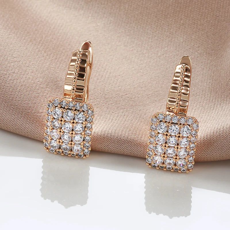 Dignified Square Natural Zircon Drop Earrings in Luxurious 585 Rose Gold Finish