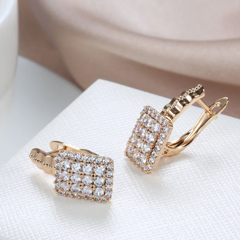 Dignified Square Natural Zircon Drop Earrings in Luxurious 585 Rose Gold Finish