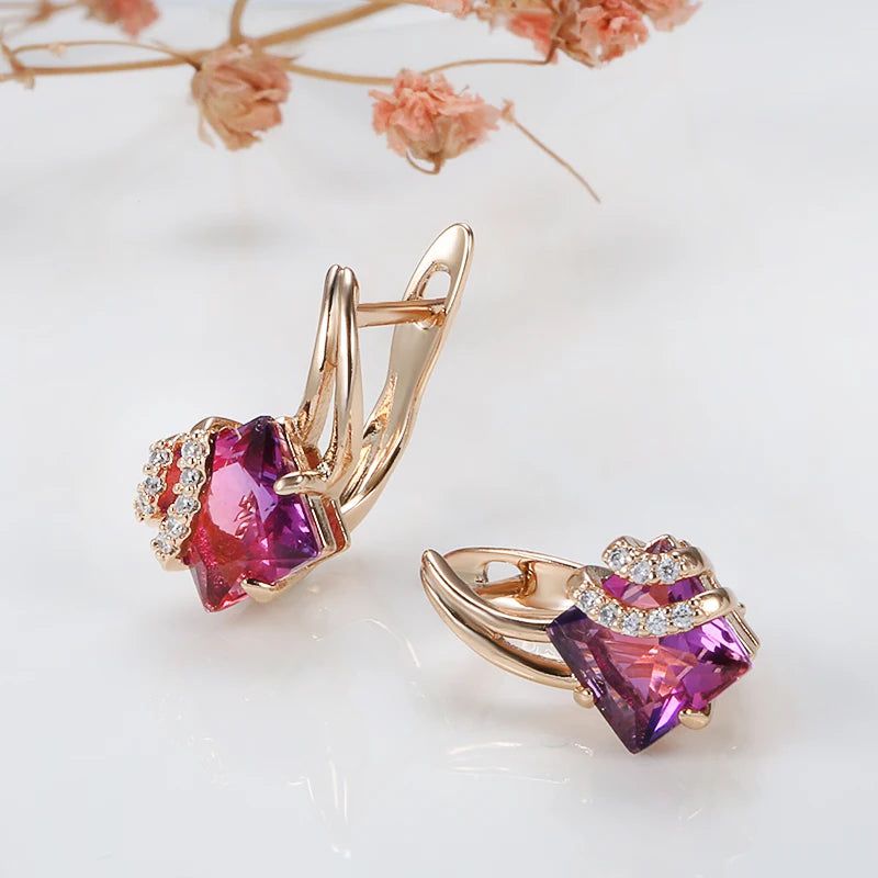 Dignified Square Red Zircon Dangle Earrings in 585 Rose Gold - Chic Fashion Jewelry