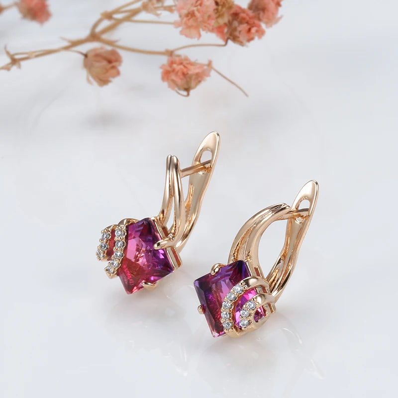 Dignified Square Red Zircon Dangle Earrings in 585 Rose Gold - Chic Fashion Jewelry