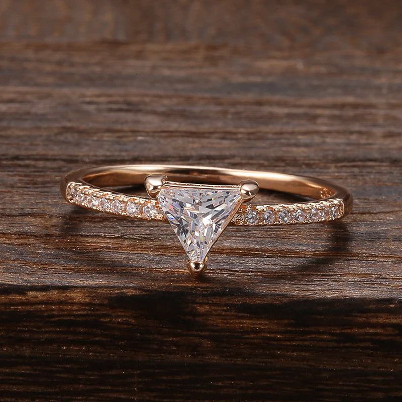 Dignified Triangle Rose Gold Ring with Natural Zircon Crystals