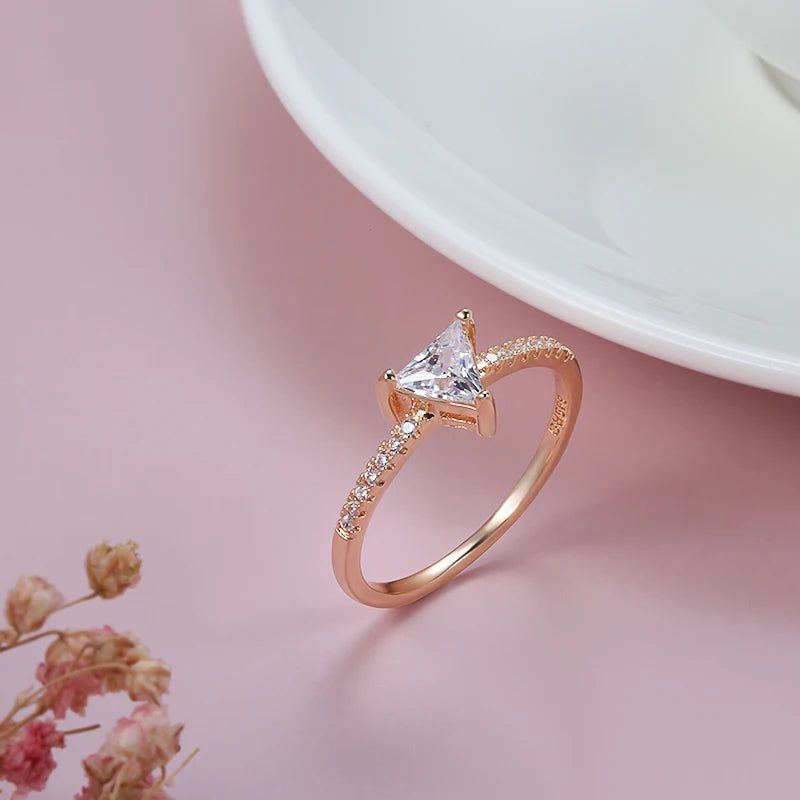 Dignified Triangle Rose Gold Ring with Natural Zircon Crystals