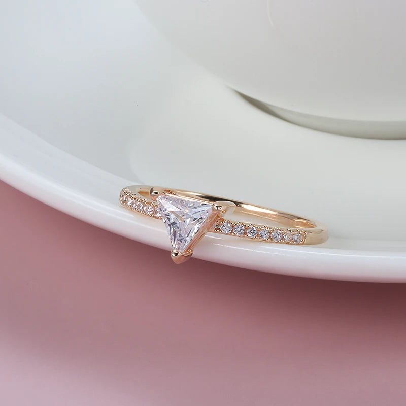 Dignified Triangle Rose Gold Ring with Natural Zircon Crystals