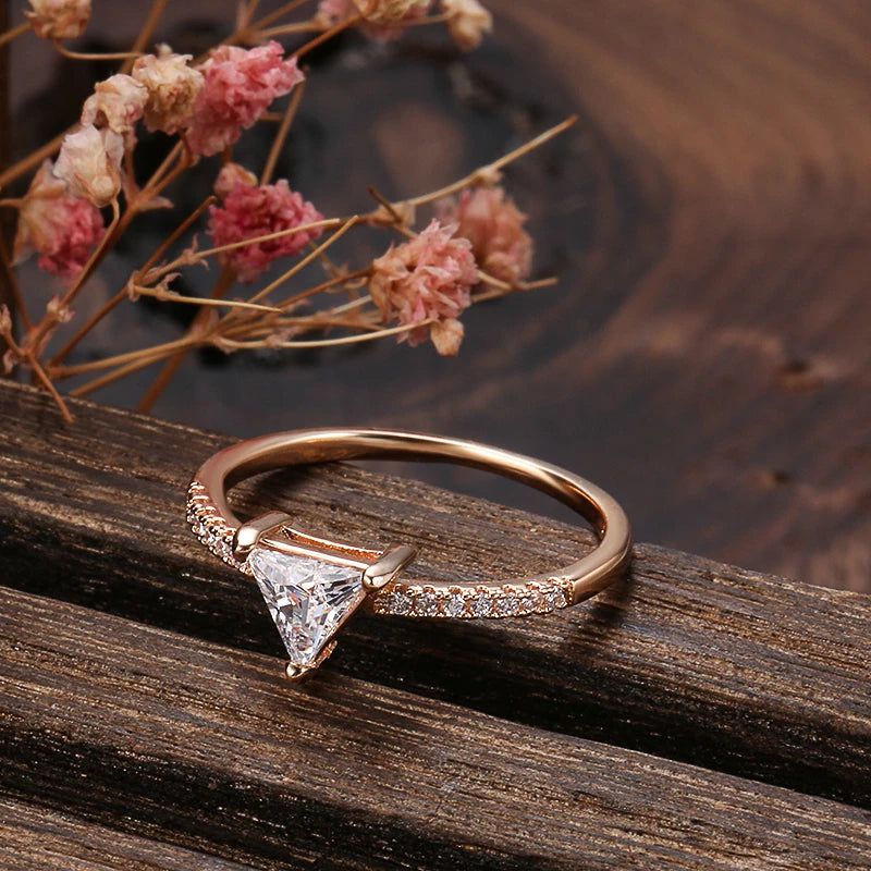 Dignified Triangle Rose Gold Ring with Natural Zircon Crystals