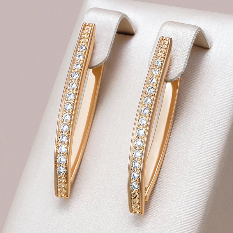 Dignified V Shape Long Earrings in 585 Rose Gold with Natural Zircon - High-Quality Fashion Jewelry