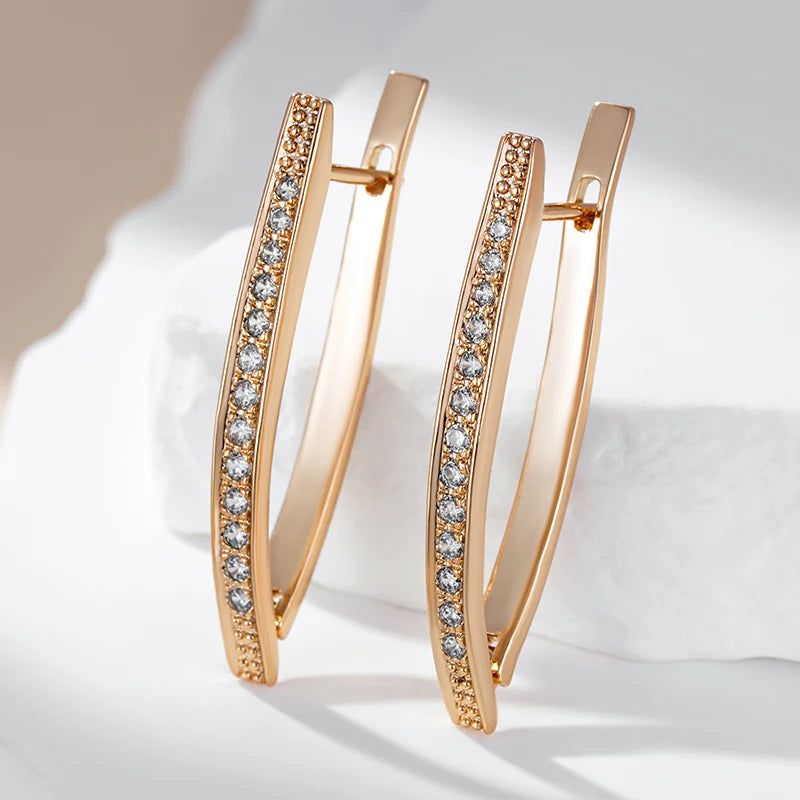 Dignified V Shape Long Earrings in 585 Rose Gold with Natural Zircon - High-Quality Fashion Jewelry