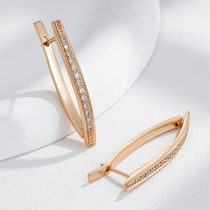 Dignified V Shape Long Earrings in 585 Rose Gold with Natural Zircon - High-Quality Fashion Jewelry