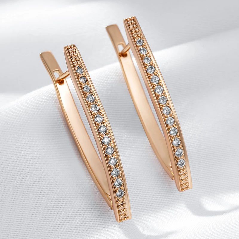 Dignified V Shape Long Earrings in 585 Rose Gold with Natural Zircon - High-Quality Fashion Jewelry