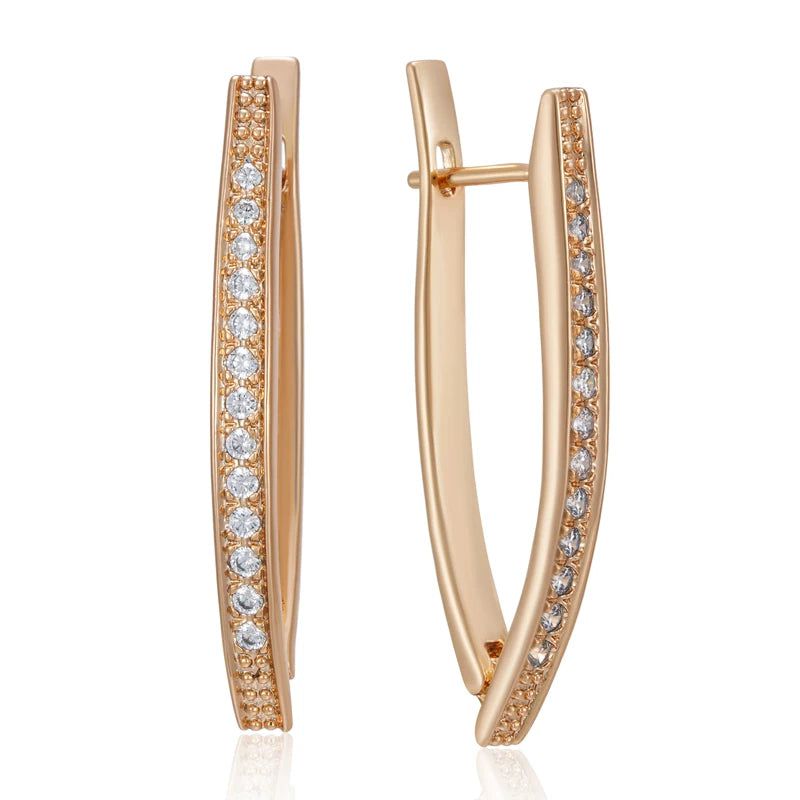 Dignified V Shape Long Earrings in 585 Rose Gold with Natural Zircon - High-Quality Fashion Jewelry