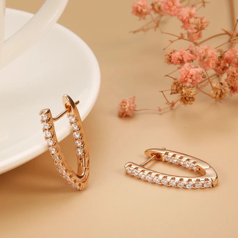 Dignified V-Shaped Long Dangle Earrings in 585 Rose Gold with Natural Zircon