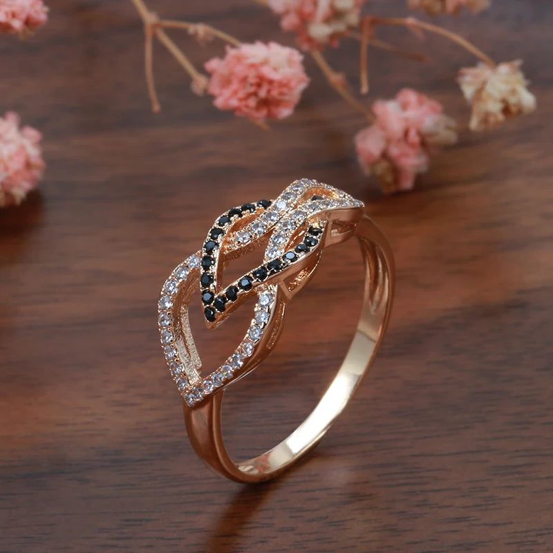 Dignified Vintage 585 Rose Gold Cocktail Ring with Micro-Wax Inlay and Natural Black Zircon