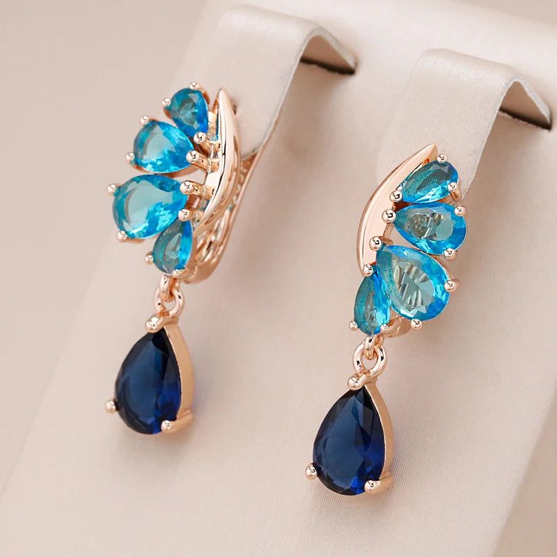 Dignified Vintage 585 Rose Gold Drop Earrings with Blue Natural Zircon