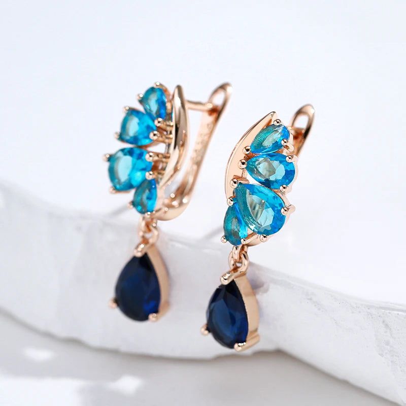 Dignified Vintage 585 Rose Gold Drop Earrings with Blue Natural Zircon