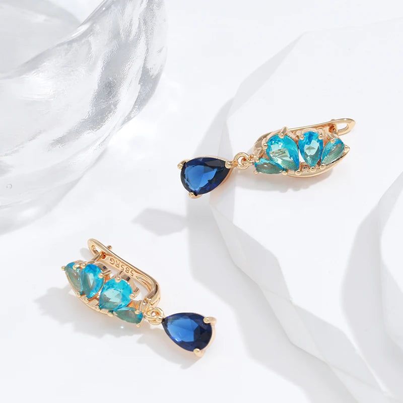 Dignified Vintage 585 Rose Gold Drop Earrings with Blue Natural Zircon