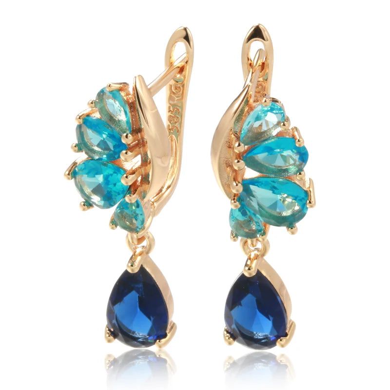 Dignified Vintage 585 Rose Gold Drop Earrings with Blue Natural Zircon