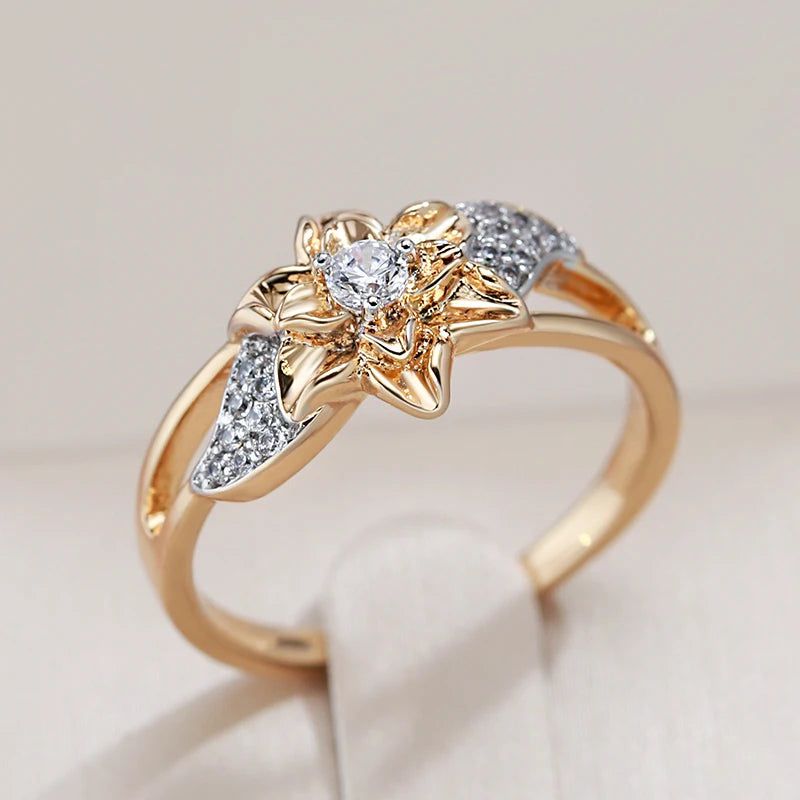 Dignified Vintage 585 Rose Gold Flower Ring with Natural Zircon - Luxury Silver Plated Jewelry