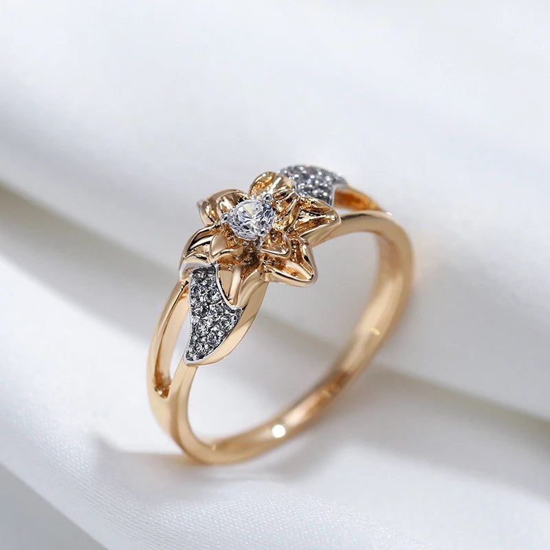 Dignified Vintage 585 Rose Gold Flower Ring with Natural Zircon - Luxury Silver Plated Jewelry