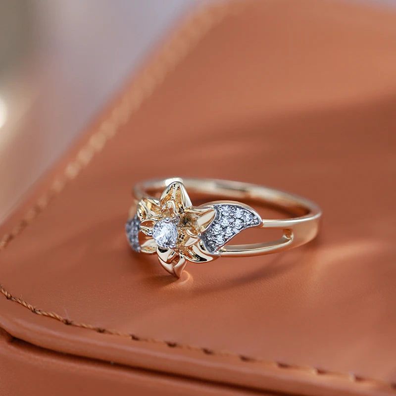 Dignified Vintage 585 Rose Gold Flower Ring with Natural Zircon - Luxury Silver Plated Jewelry