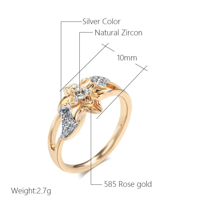 Dignified Vintage 585 Rose Gold Flower Ring with Natural Zircon - Luxury Silver Plated Jewelry