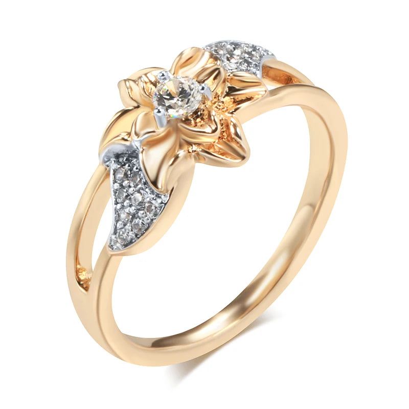 Dignified Vintage 585 Rose Gold Flower Ring with Natural Zircon - Luxury Silver Plated Jewelry