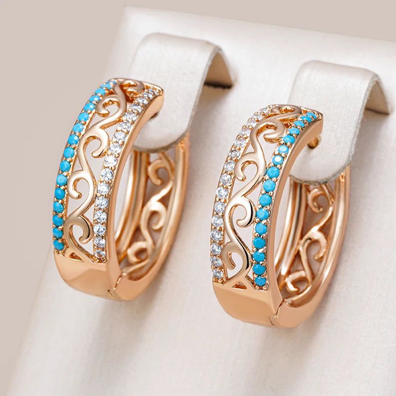 Distinctive 585 Rose Gold Turquoise Large Hoop Earrings with Natural Zircon Shine