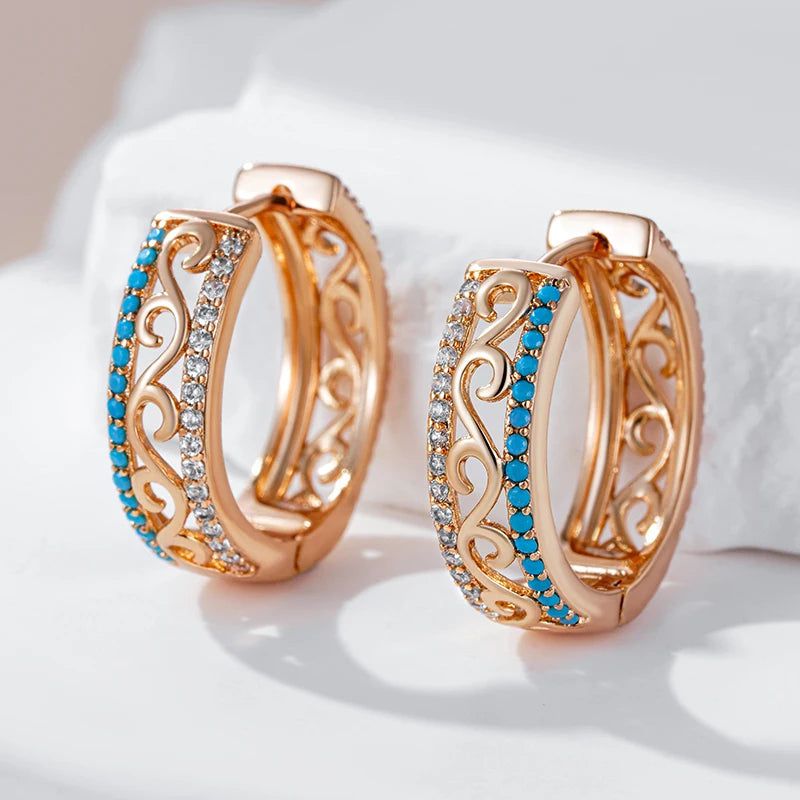 Distinctive 585 Rose Gold Turquoise Large Hoop Earrings with Natural Zircon Shine