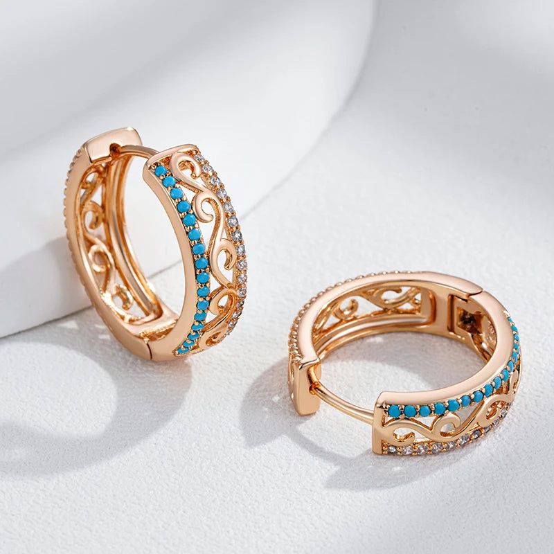 Distinctive 585 Rose Gold Turquoise Large Hoop Earrings with Natural Zircon Shine