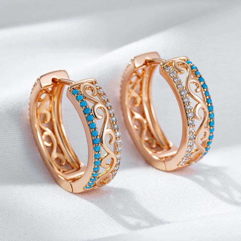 Distinctive 585 Rose Gold Turquoise Large Hoop Earrings with Natural Zircon Shine