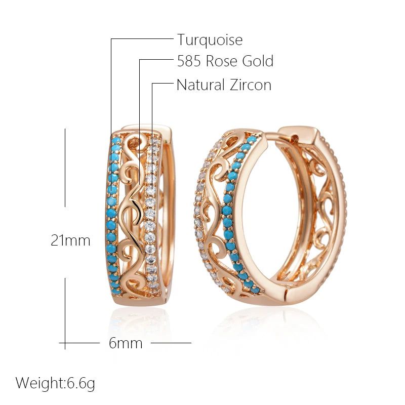 Distinctive 585 Rose Gold Turquoise Large Hoop Earrings with Natural Zircon Shine