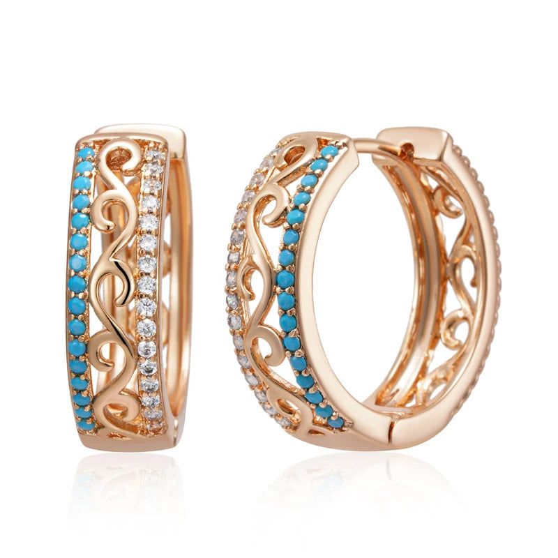 Distinctive 585 Rose Gold Turquoise Large Hoop Earrings with Natural Zircon Shine