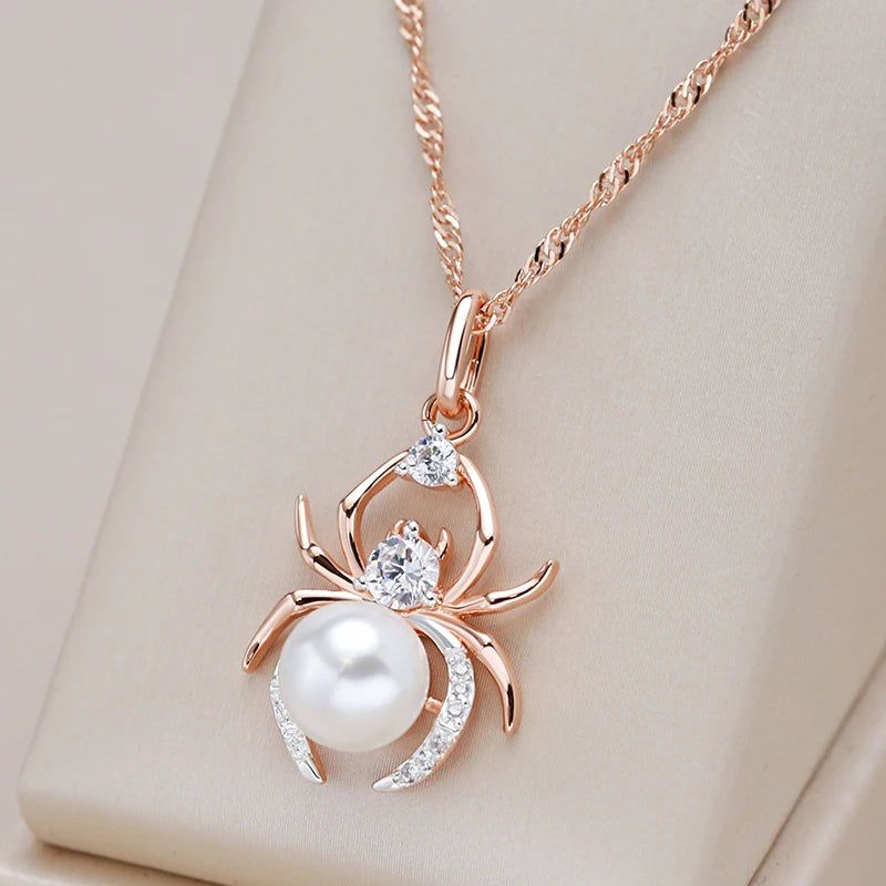 Edgy Elegance Spider Pearl Pendant Necklace in 585 Rose Gold and Silver Mix