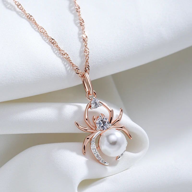 Edgy Elegance Spider Pearl Pendant Necklace in 585 Rose Gold and Silver Mix