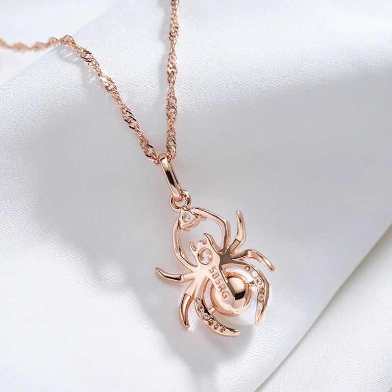 Edgy Elegance Spider Pearl Pendant Necklace in 585 Rose Gold and Silver Mix