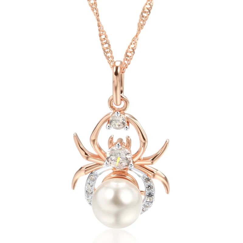 Edgy Elegance Spider Pearl Pendant Necklace in 585 Rose Gold and Silver Mix