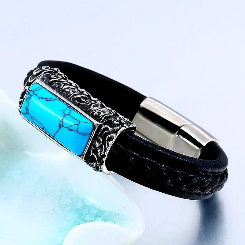 Edgy Green Stone Inlaid Leather Biker Bracelet for Men - Retro Stainless Steel Jewelry