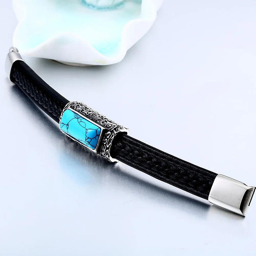 Edgy Green Stone Inlaid Leather Biker Bracelet for Men - Retro Stainless Steel Jewelry