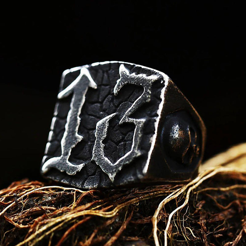 Edgy Retro Punk Hip Hop Men's Lucky Number 13 Skull Ring in 316L Stainless Steel - Biker Jewelry Gift