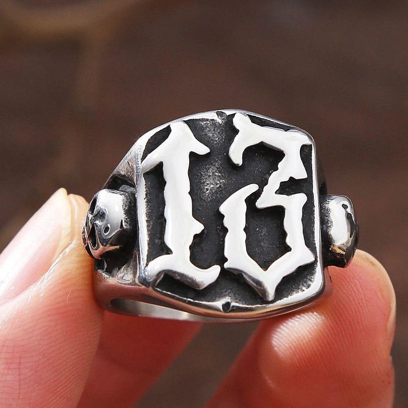 Edgy Retro Punk Hip Hop Men's Lucky Number 13 Skull Ring in 316L Stainless Steel - Biker Jewelry Gift