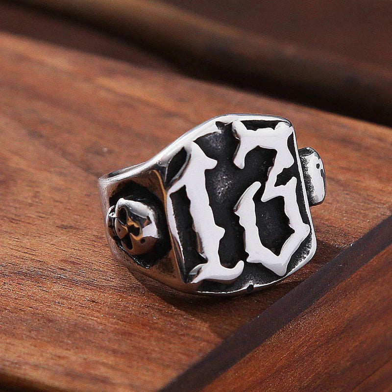 Edgy Retro Punk Hip Hop Men's Lucky Number 13 Skull Ring in 316L Stainless Steel - Biker Jewelry Gift