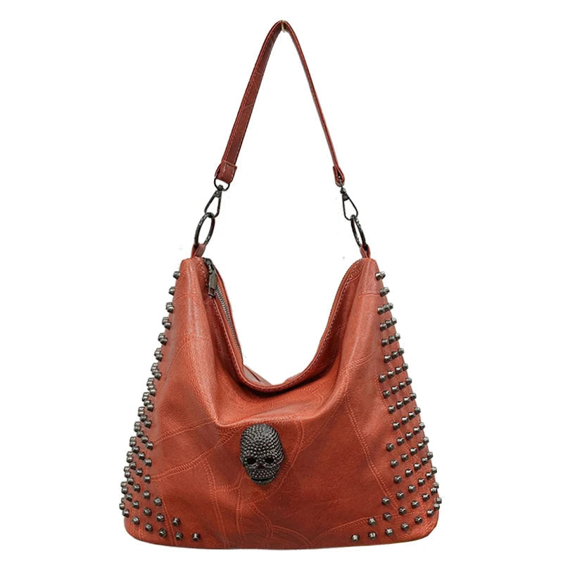 Edgy Rivet-Embellished Punk Skull Shoulder Bag for Women - Large Capacity Black PU Crossbody Tote