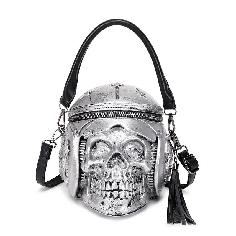 Edgy Skeleton Head Women's Shoulder Bag - Designer Satchel with Helmet Skull Design