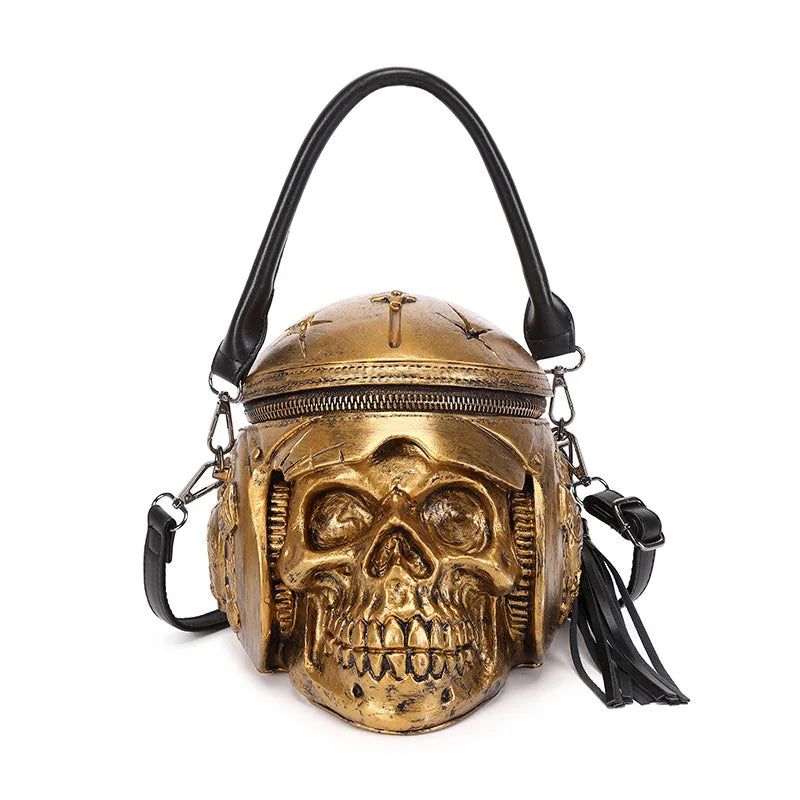 Edgy Skeleton Head Women's Shoulder Bag - Designer Satchel with Helmet Skull Design