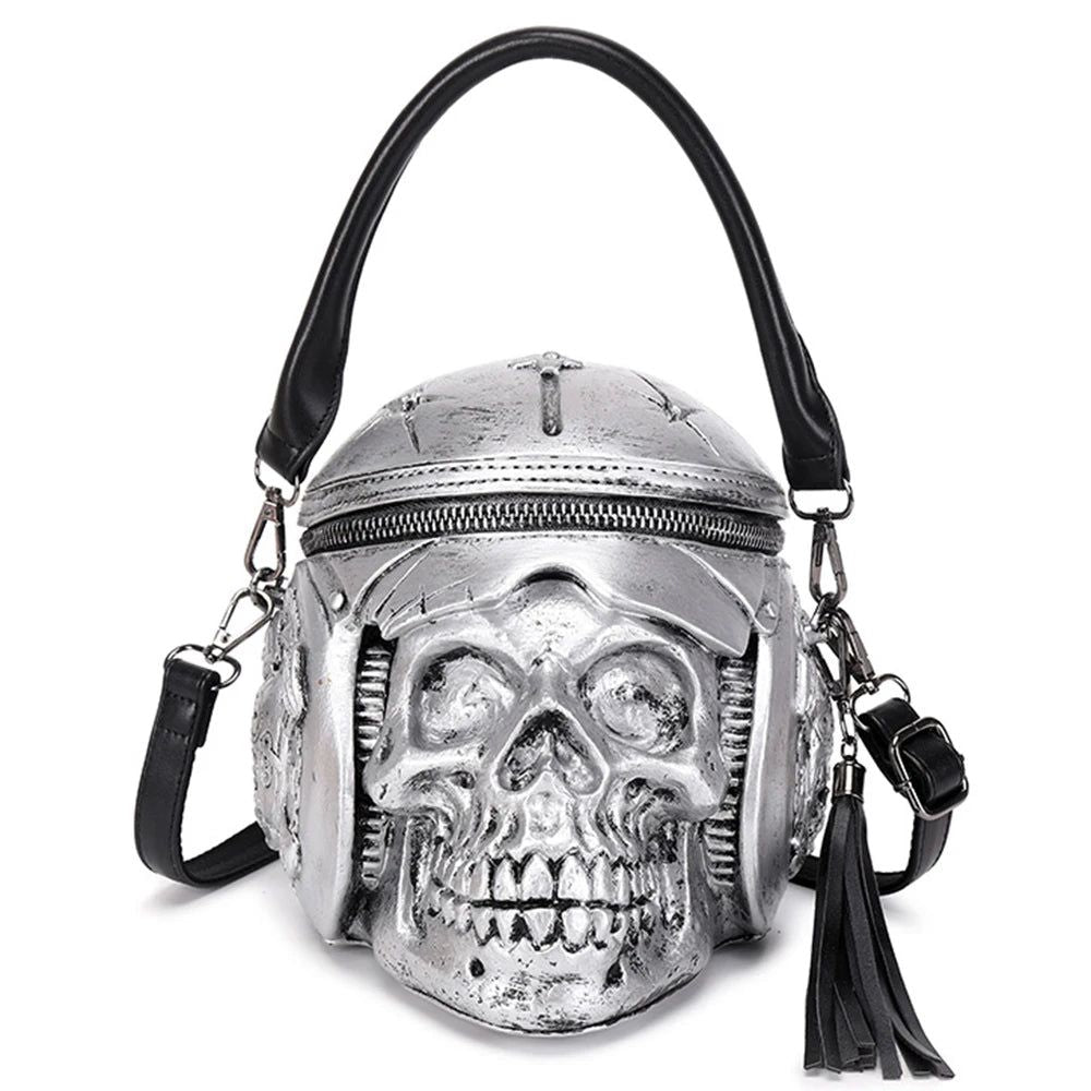 Edgy Skeleton Head Women's Shoulder Bag - Designer Satchel with Helmet Skull Design