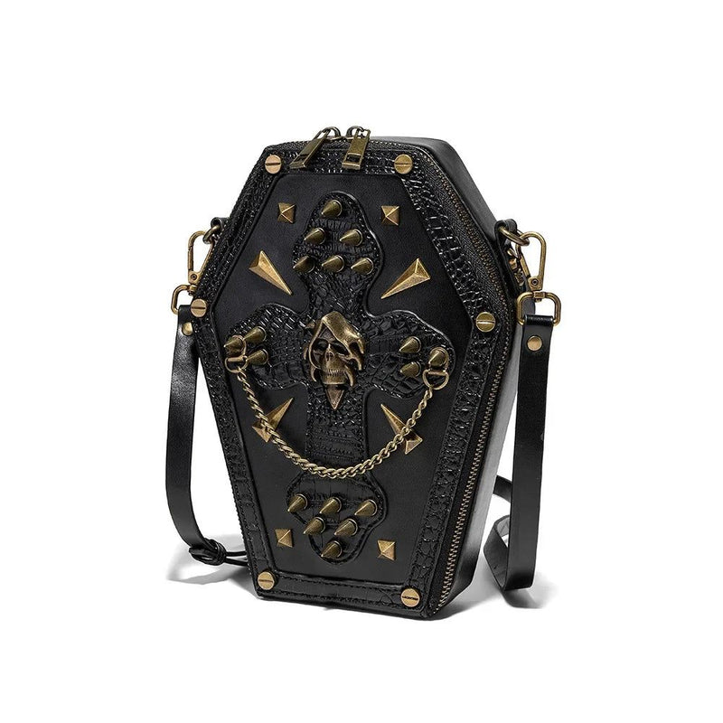 Edgy Steampunk Skull Coffin Handbag with Motorcycle Chain for Bold Women