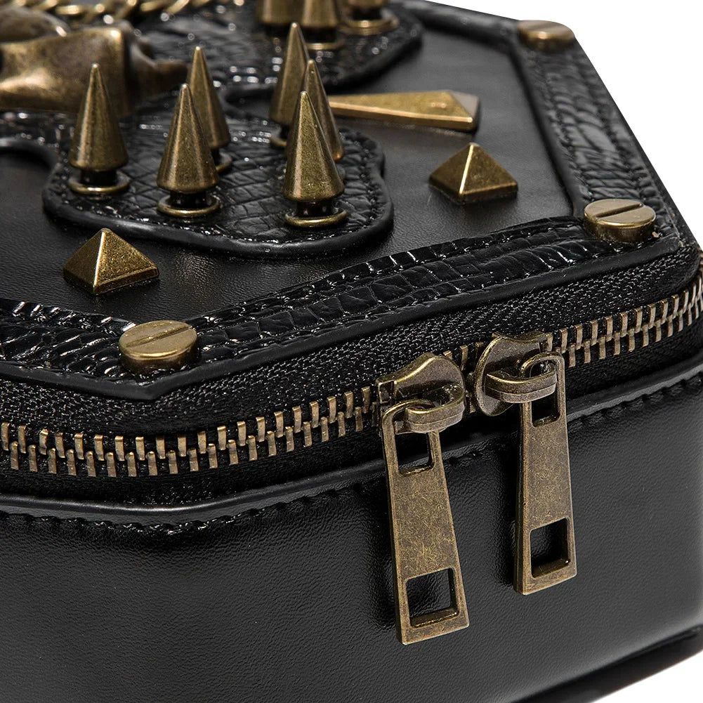 Edgy Steampunk Skull Coffin Handbag with Motorcycle Chain for Bold Women