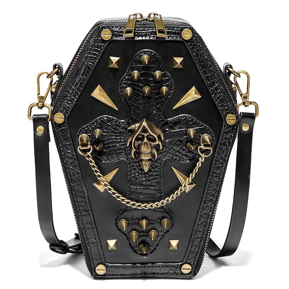 Edgy Steampunk Skull Coffin Handbag with Motorcycle Chain for Bold Women