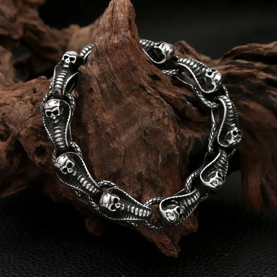 Edgy Vintage Snake and Skull Bracelet for Men - Unique Stainless Steel Fashion Jewelry Gift